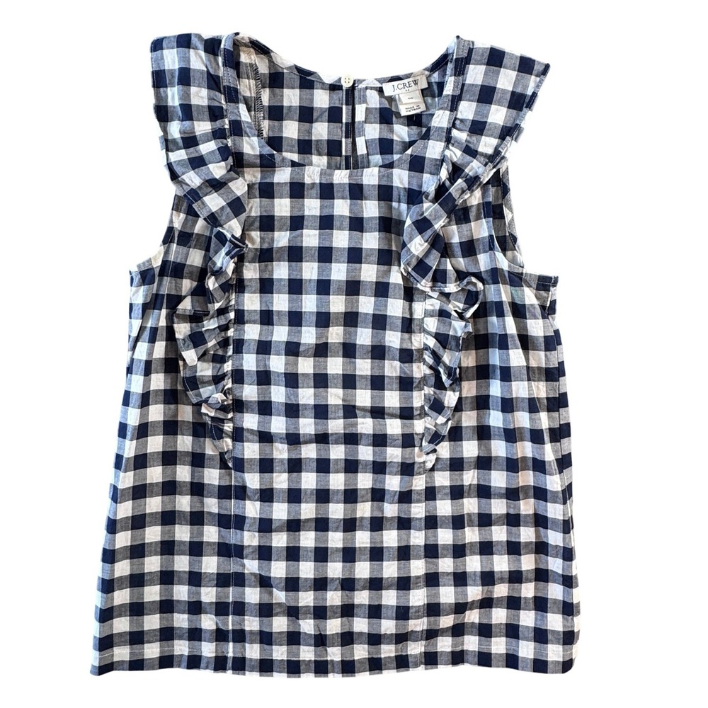 Gingham J. Crew Womens Navy Blue White Ruffle Sleeveless Cotton Top Size 00